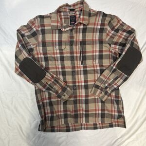Wrangler ATG Shirt Mens Large Brown Plaid Button Up Flannel Cotton Blend Elbow